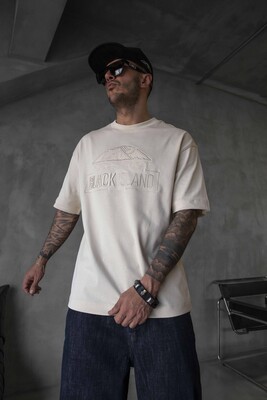 Black Island Logo Printed Light Beige T-shirt 1842 - Thumbnail (3)