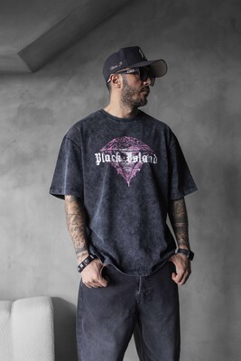 BLACK ISLAND PRINTED WASHED T-SHIRT BLACK 1804 - Thumbnail (2)