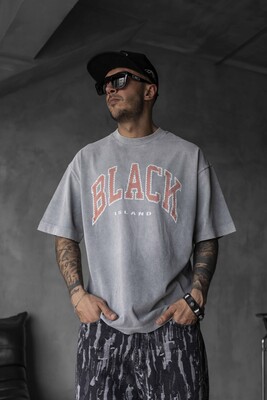 BLACK PRINTED WASHED T-SHIRT GRAY 1808 - Thumbnail (2)