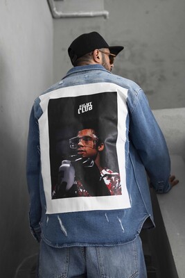 BRAD PITT PRINTED DENIM JACKET BLUE 16967 - Thumbnail