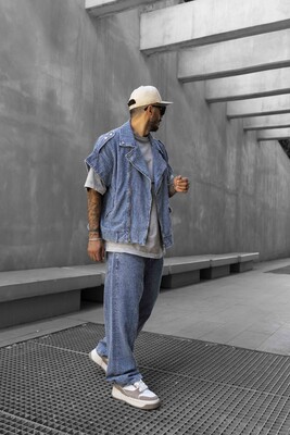 TEXTURED BLUE DENIM VEST & PANTS SET 16843 - Thumbnail