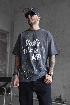 DONT TALK ME PRINTED WASHED T-SHIRT GRAY 1759 - Thumbnail (2)