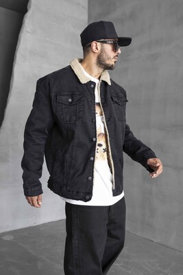 Black Island - FUR COLLOR DENIM JACKET BLACK 15955 (1)