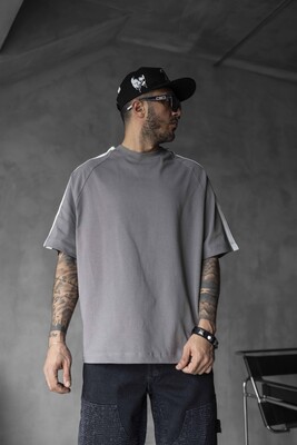 Gray Oversized T-Shirt with Black Stripes 1834 - Thumbnail (2)