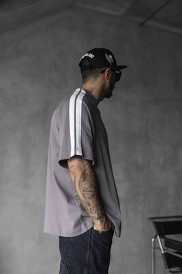 Gray Oversized T-Shirt with Black Stripes 1834 - Thumbnail (3)