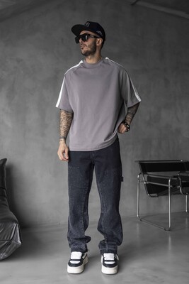 Black Island - Gray Oversized T-Shirt with Black Stripes 1834