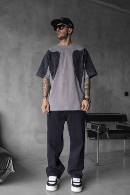 Black Island - HEAVYWEIGHT SPLIT EMBROIDERED WASHED GRAY T-SHIRT 1831