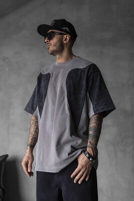 Black Island - HEAVYWEIGHT SPLIT EMBROIDERED WASHED GRAY T-SHIRT 1831 (1)