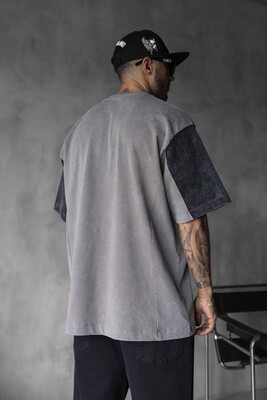 HEAVYWEIGHT SPLIT EMBROIDERED WASHED GRAY T-SHIRT 1831 - Thumbnail (3)