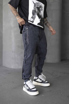 Washed Jogger Pants Black 1677 - Thumbnail