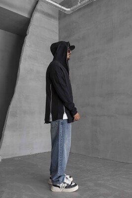 Long Asymmetric Zippers Hoodie Black 1470 - Thumbnail (2)