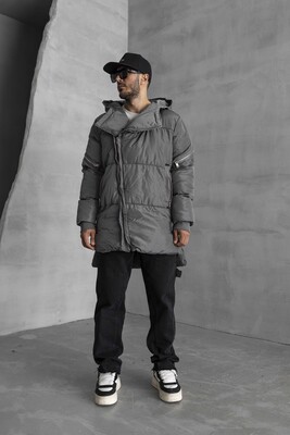 Black Island - Long Coat Assymetric Grey Zip Jacket 7001