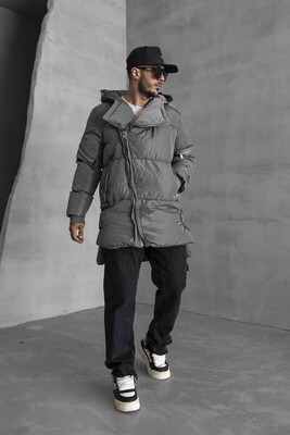 Long Coat Assymetric Grey Zip Jacket 7001 - Thumbnail