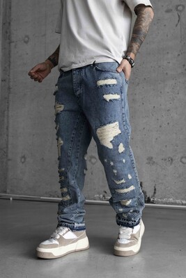 Loose Fıt Blue Ripped Jeans 16853 - Thumbnail (2)