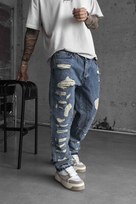 Loose Fıt Blue Ripped Jeans 16853 - Thumbnail (3)