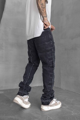 Loose Fıt Patterned BLack Jeans 16886 - Thumbnail