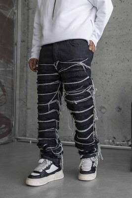 Loose Fıt Patterned Black Jeans 16891 - Thumbnail