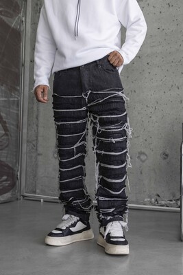 Loose Fıt Patterned Black Jeans 16891 - Thumbnail