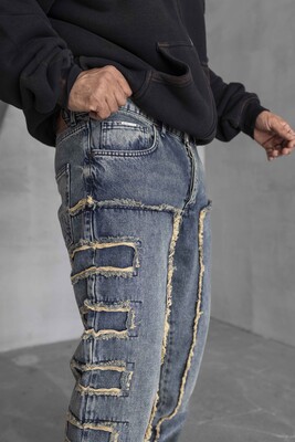 Loose Fıt Patterned Blue Jeans 16888 - Thumbnail (3)