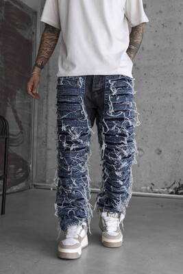 Loose Fıt Patterned Blue Jeans 16935 - Thumbnail