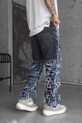 Loose Fıt Patterned Blue Jeans 16935 - Thumbnail