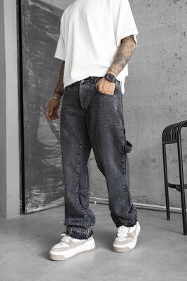 Loose Fıt Washed Black Jeans 16885 - Thumbnail