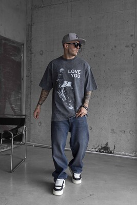 LOVE YOU PRINTED WASHED T-SHIRT GRAY 1736 - Thumbnail (2)