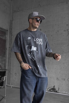 LOVE YOU PRINTED WASHED T-SHIRT GRAY 1736 - Thumbnail (3)