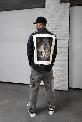 NO MONEY PRINTED DENIM JACKET BLACK 16974 - Thumbnail