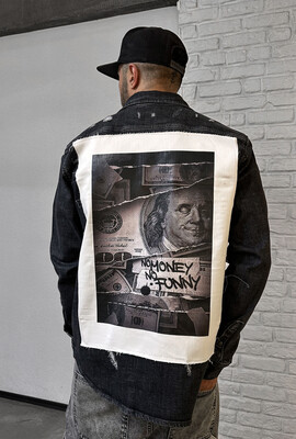 NO MONEY PRINTED DENIM JACKET BLACK 16974 - Thumbnail