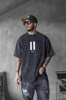 PAUSE PRINTED WASHED T-SHIRT BLACK 1712 - Thumbnail (3)