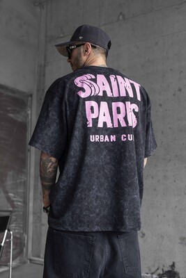 SAINT PARIS PRINTED BLACK WASHED TSHIRT 1739 - Thumbnail (3)