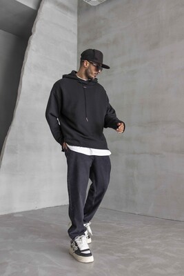 Short Asymmetric Zip Hoodie Black 1484 - Thumbnail (2)