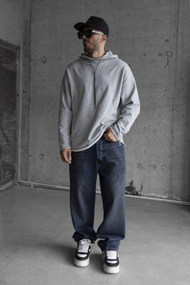 Short Asymmetric Zip Hoodie Gray 1484 - Thumbnail (2)