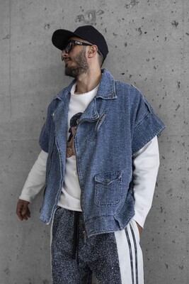 TEXTURED BLUE DENIM VEST 16843 - Thumbnail (3)