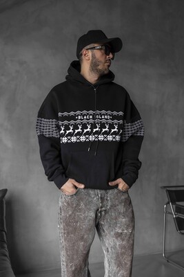 White Pattern Hoodie Black 1348 - Thumbnail (2)